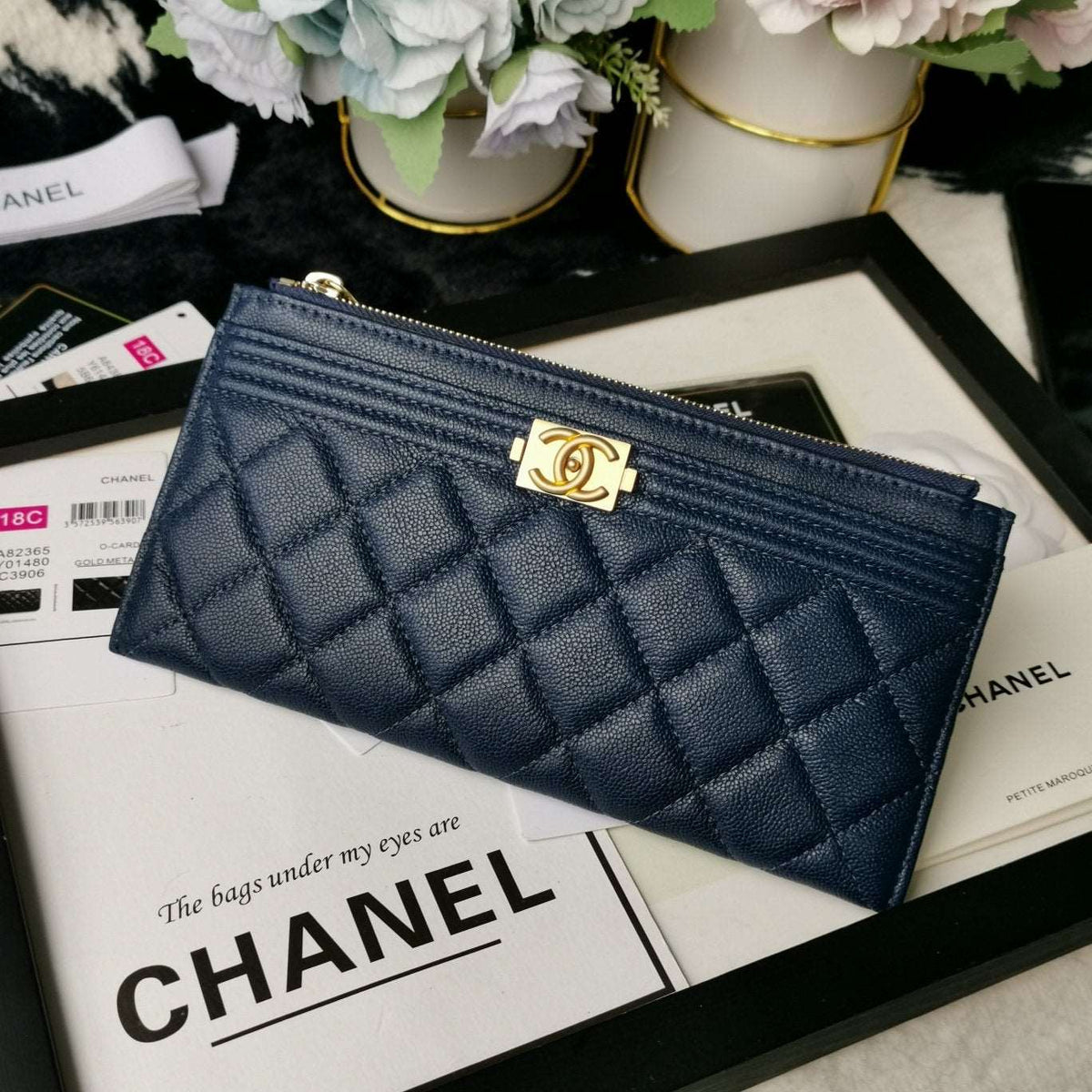 Chanel Caviar Quilted Classic Zip Boy Pouch - Navy