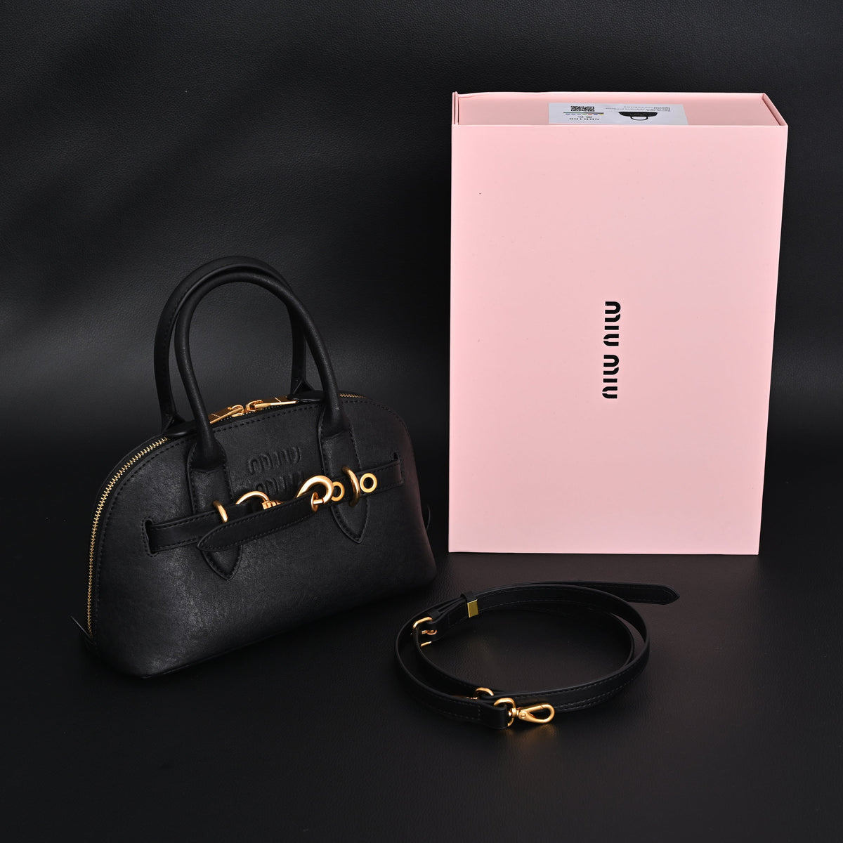 Miu Miu Black Leather Satchel Bag – Medium Structured Tote - Black with Gold-Tone Accents