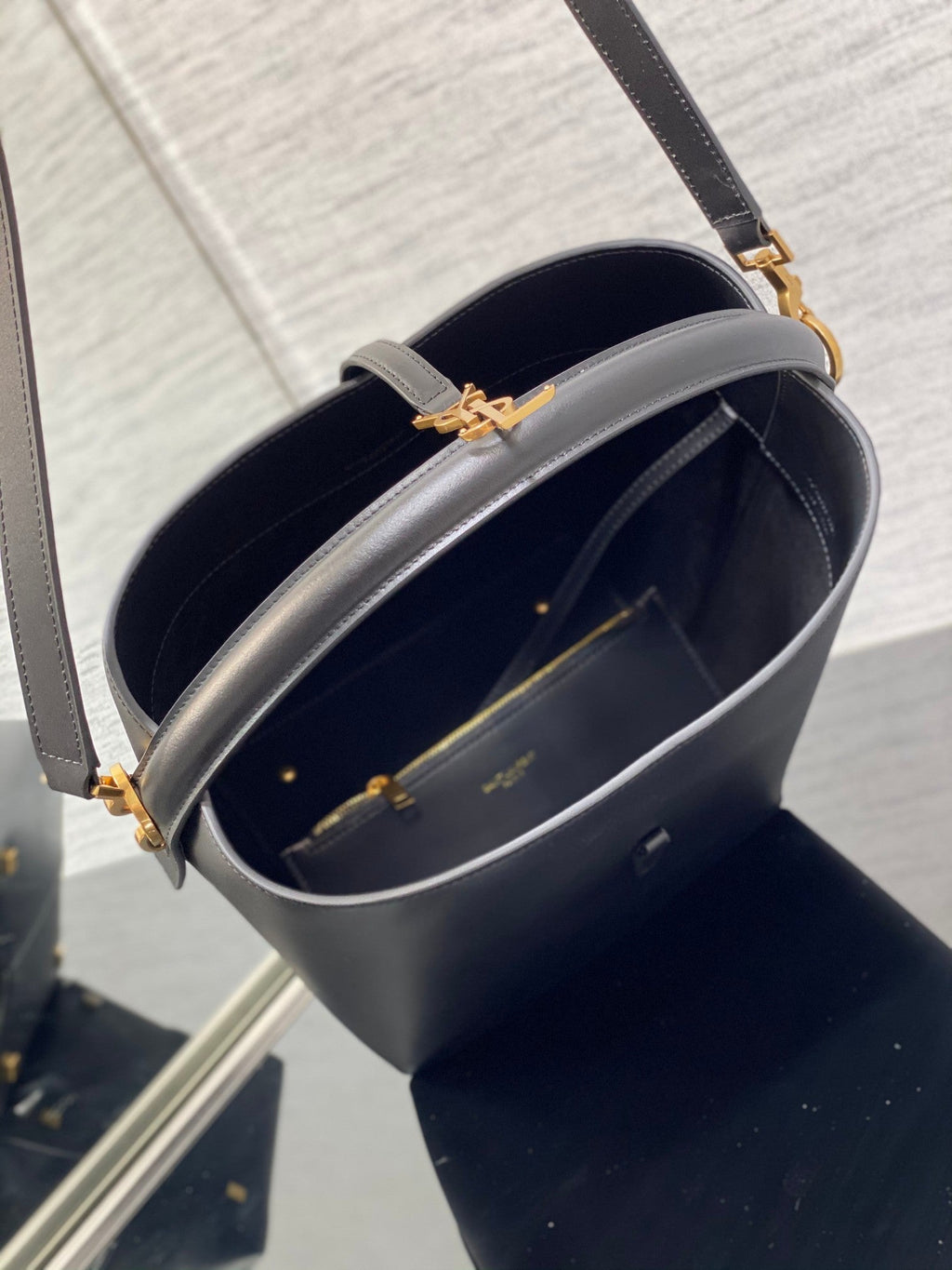 YSL Le 37 Black Shiny Leather Handle Shoulder Bag with YSL Charm and Adjustable Strap