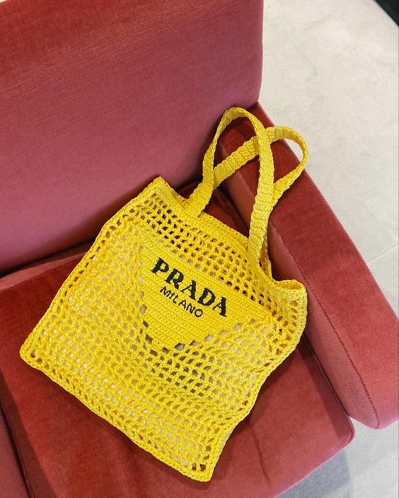 Prada Women's Natural Crochet Tote Bag-Yellow